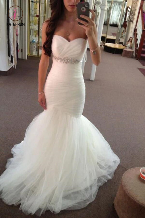 Long Mermaid Sweetheart Bridal Dress with Beads, Strapless Beach Wedding Dress KPW0361