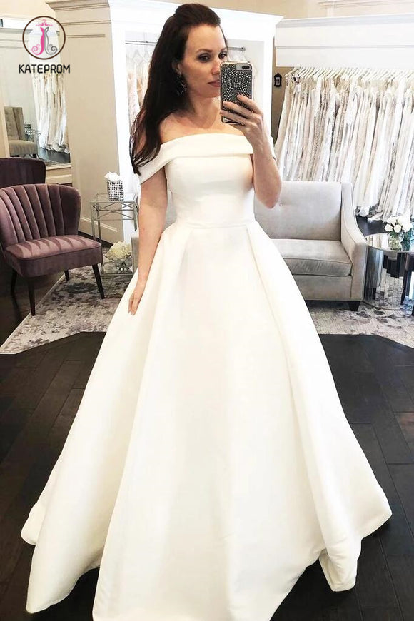 Simple A-Line Off the Shoulder Button Covered Long Wedding Dress, Cheap Bridal Dress KPW0362