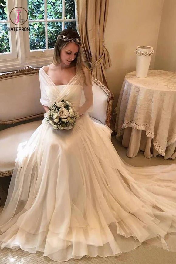 Simple Elegant Chiffon Beach Wedding Dresses with Wrap Sleeves, Unique Bridal Dress KPW0363