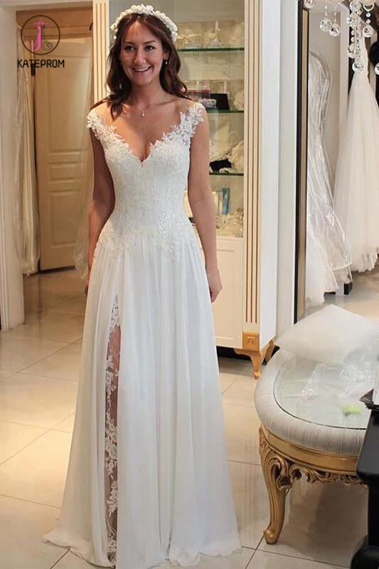 A Line Chiffon Beach Wedding Dress with Lace, Long Flowy Bridal Dress with Lace KPW0366