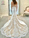 Ivory Satin Gorgeous Lace Spaghetti Strap Vintage Mermaid Wedding Dresses KPW0369