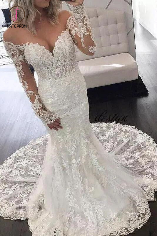 Illusion Long Sleeve Lace Mermaid Wedding Dresses, Gorgeous Long Bridal Dresses KPW0370