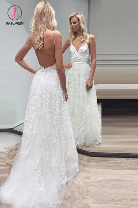 Boho Beach Wedding Dress with Lace Appliques, Spaghetti Strap Tulle Wedding Gown KPW0371