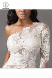 One Shoulder Long Sleeve Tulle Lace Mermaid Wedding Dresses with Sweep Train KPW0372
