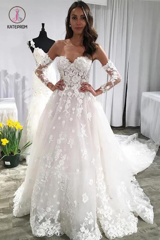 Unique Sweetheart Wedding Dresses, Puffy Lace Appliqued Backless Beach Wedding Dress KPW0373