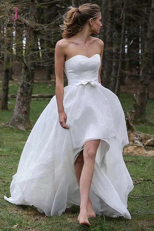 High Low Sweetheart Beach Wedding Dresses, Boho Wedding Dress with Bow KPW0374