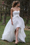 High Low Sweetheart Beach Wedding Dresses, Boho Wedding Dress with Bow KPW0374