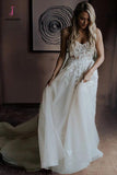 Ivory Lace Applique Tulle Sweetheart Strapless A-Line Beach Wedding Dresses KPW0375
