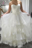 Simple Strapless Beach Wedding Dress with Lace, Tiered Lace Up Back Wedding Dresses KPW0376