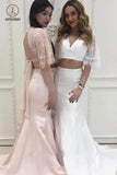 Two Piece Beach Wedding Dress with Lace, 2 Piece Mermaid V Neck Prom Dresses KPW0377