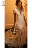 Vintage High Neck Lace Wedding Dress with Short Sleeves, See Through Bridal Dresses KPW0378