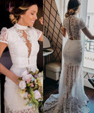 Vintage High Neck Lace Wedding Dress with Short Sleeves, See Through Bridal Dresses KPW0378