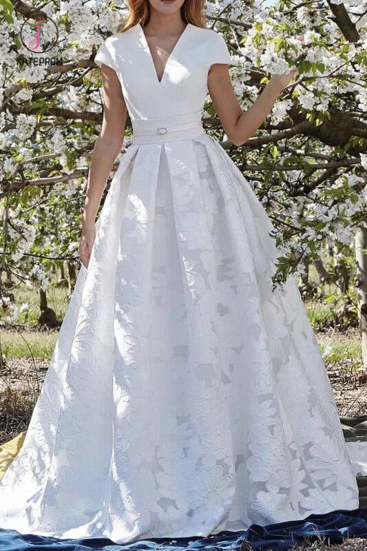 Elegant V Neck Wedding Dress with Short Sleeves, Lace Floral Wedding Dresses KPW0380