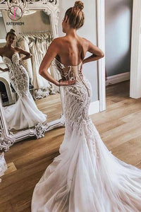 Gorgeous Strapless Tulle Mermaid Wedding Dresses, Long Bridal Dress with Appliques KPW0383