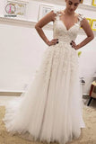 Simple Tulle Lace Illusion Back A-Line Wedding Dresses, A Line V Neck Bridal Dress KPW0384