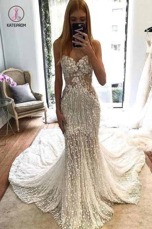 Stunning Lace Applique Sweetheart Strapless Mermaid Wedding Dress, Bridal Dress KPW0385