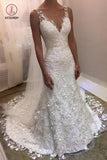 Ivory V Neck Sheath Sleeveless Backless Charming Lace Wedding Dresses KPW0387