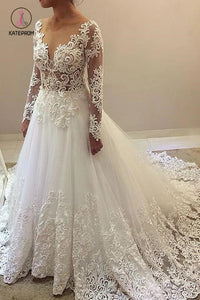Elegant Beading Lace Long Sleeve Sheer Neck Ball Gown Wedding Dresses KPW0388