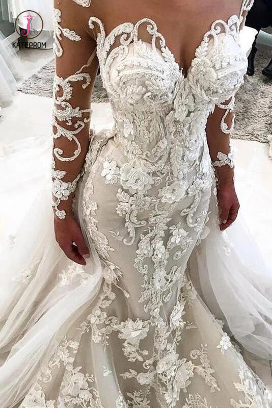 Stunning Long Sleeves Appliqued Mermaid Wedding Dress with Long Train KPW0389