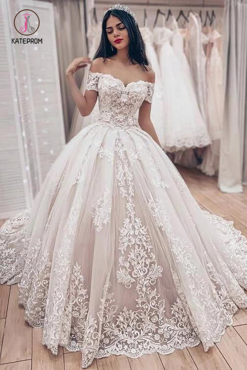 Ball Gown Off the Shoulder Wedding Dress with Lace Appliques, Gorgeous Bridal Dress KPW0392