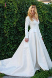 New Elegant Satin Wedding Dresses V Neck Long Sleeve Bridal Gowns Bridal Dresses KPW0393