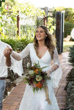Boho V Neck Beach Wedding Dress with Long Sleeves, Unique Lace Wedding Dresses KPW0394