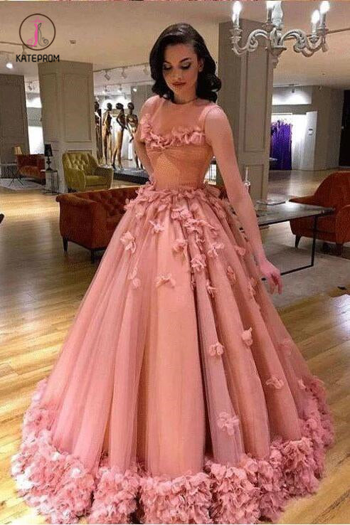 Luxury Tulle Sleeveless Ball Gown Prom Dress with Flowers, Princess Wedding Dresses KPW0395
