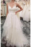 Spaghetti Straps Tulle Beach Wedding Dress with Lace Appliques, Long Bridal Dresses KPW0396
