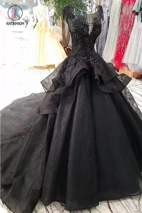 Gorgeous Black Ball Gown Wedding Dress with Cap Sleeves, Long Bridal Dress with Beads KPW0397