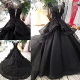 Gorgeous Black Ball Gown Wedding Dress with Cap Sleeves, Long Bridal Dress with Beads KPW0397
