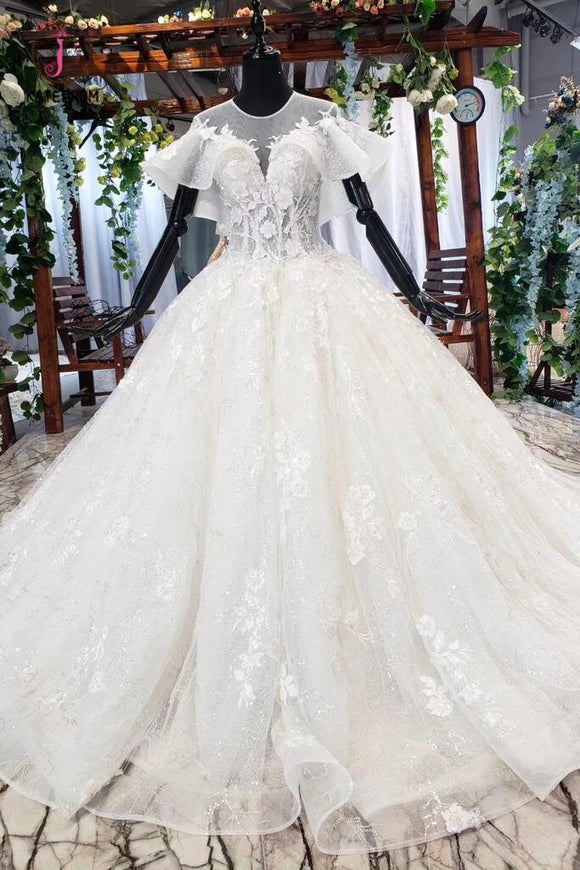 Gorgeous Ball Gown Big Wedding Dresses, Princess Bridal Dress with Sleeves KPW0399