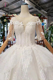 Ball Gown Half Sleeves Lace Bridal Dress with Sequins, Sheer Neck Long Wedding Dress KPW0401