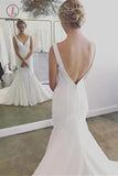 Simple V Neck Mermaid Long Beach Wedding Dresses, Cheap Backless Bridal Dresses KPW0402