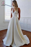 Charming Straps Bow Sleeveless A-Line Bridal Dresses, Simple Bow Back Wedding Dresses KPW0403