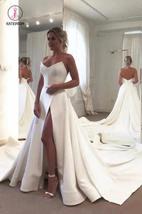 Strapless Bodice Corset Leg Slit Satin Wedding Dresses, Backless Long Bridal Dresses KPW0404