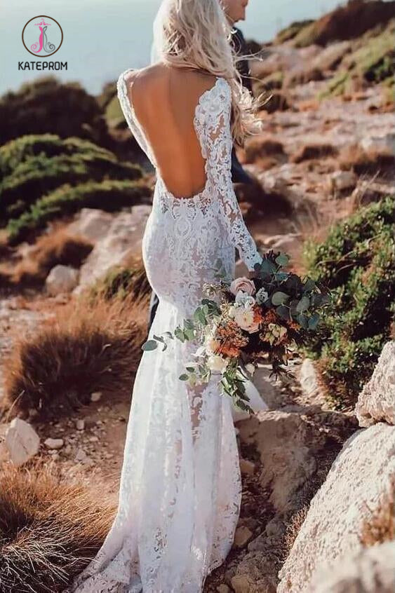 See Through Back Lace Rustic Wedding Dresses Long Sleeve Mermaid Bridal Dress KPW0406