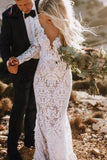 See Through Back Lace Rustic Wedding Dresses Long Sleeve Mermaid Bridal Dress KPW0406