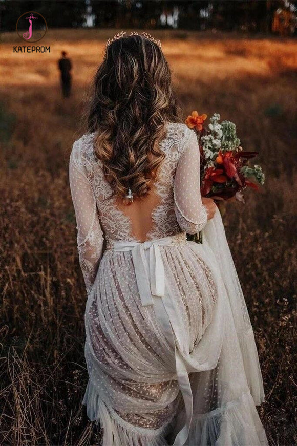 Unique Long Sleeve Boho Wedding Dresses Lace Bohemian Backless Wedding Gowns KPW0407