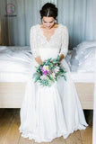 Floor Length 3/4 Sleeves Chiffon Beach Wedding Dress with Lace, Backless Bridal Dress KPW0411