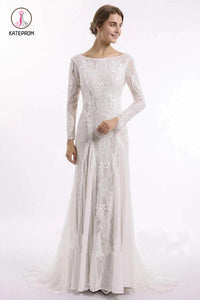 Column Lace Bridal Dress, Long Sleeves Backless Boho Beach Wedding Dresses KPW0412