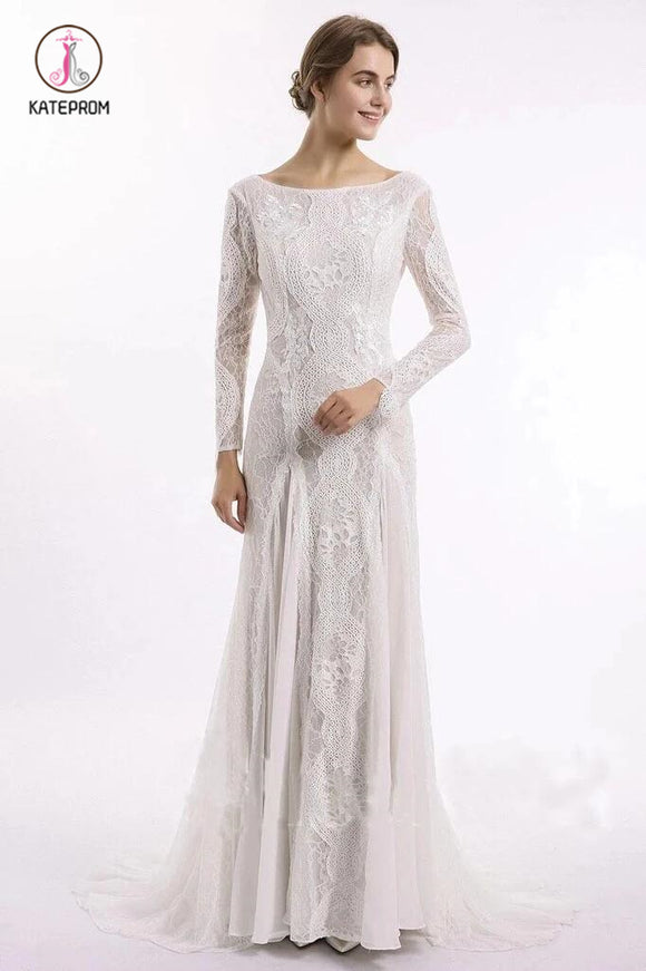 Column Lace Bridal Dress, Long Sleeves Backless Boho Beach Wedding Dresses KPW0412