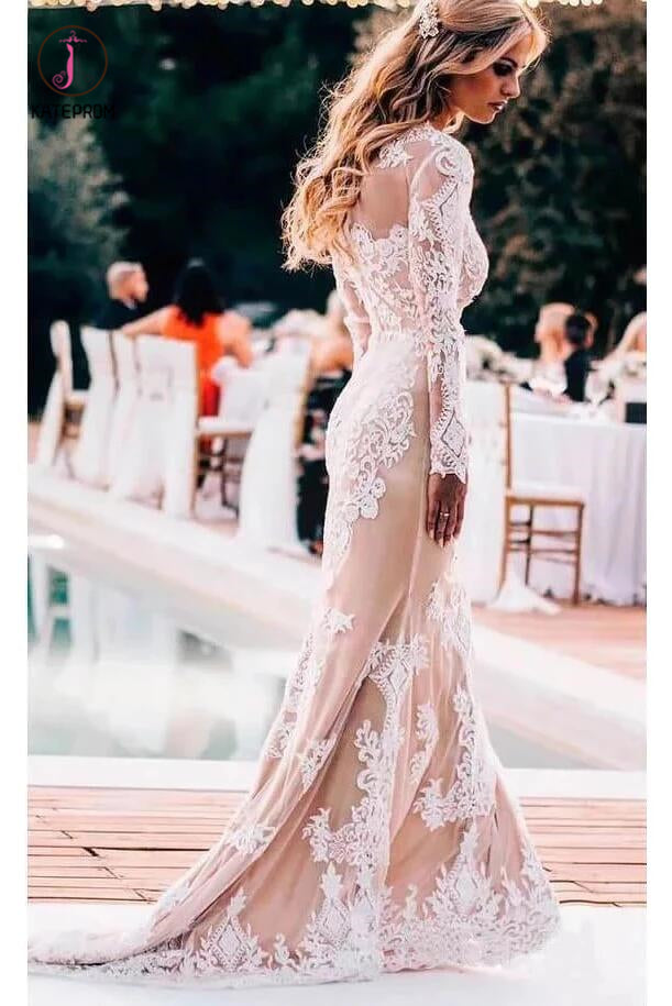 Vintage Long Sleeve Mermaid Lace Applique Wedding Dress Beach Wedding –  kateprom