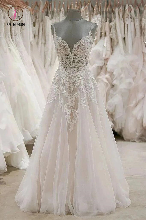 A Line Spaghetti Straps V Neck Beach Wedding Dresses Appliqued Tulle Bridal Dresses KPW0416