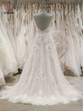 A Line Spaghetti Straps V Neck Beach Wedding Dresses Appliqued Tulle Bridal Dresses KPW0416