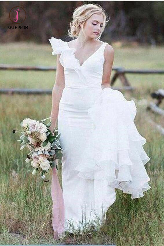 V Neck Backless Mermaid White Wedding Dresses Long Simple Bridal Dresses KPW0418