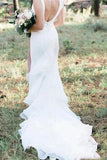 V Neck Backless Mermaid White Wedding Dresses Long Simple Bridal Dresses KPW0418
