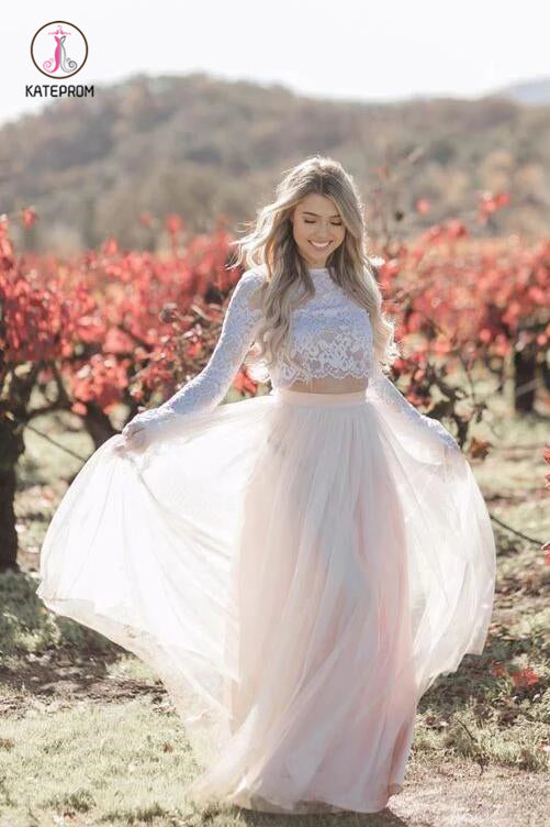 Two Piece Long Sleeves Lace Wedding Dresses Blush Pink Boho Beach Wedd kateprom Two Piece Long Sleeves Lace Wedding Dresses Blush Pink Boho Beach Wedd kateprom