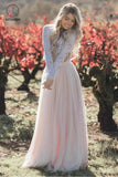 Two Piece Long Sleeves Lace Wedding Dresses Blush Pink Boho Beach Wedding Dress KPW0419