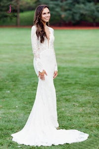 Elegant Mermaid Wedding Dresses Backless Long Sleeve Lace Wedding Gown KPW0421