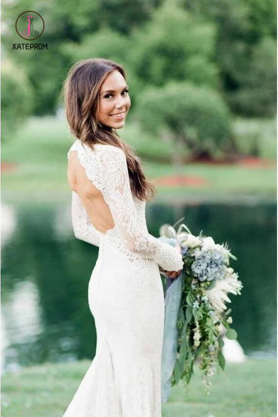 Elegant Mermaid Wedding Dresses Backless Long Sleeve Lace Wedding Gown kateprom Elegant Mermaid Wedding Dresses Backless Long Sleeve Lace Wedding Gown kateprom
